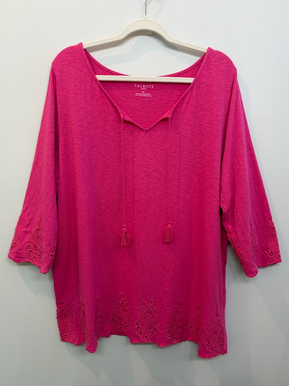 Talbots Eyelet 3/4 Sleeved Hot Pink Pullover Tassel Neck Top Shirt Size 2XL